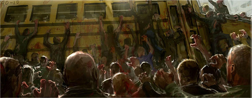 A horde of zombies assaulting a school bus!